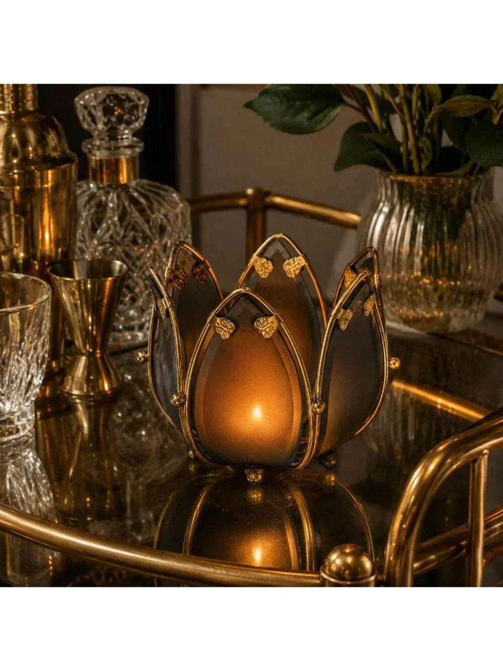 Vintage PartyLite Lotus Candle Holder Smoked Glass Brass Votive Tealight
